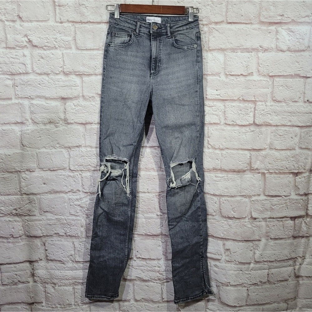 Zara Gray Acid Wash High Rise Distressed Skinny Jeans